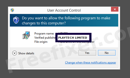 Screenshot where PLAYTECH LIMITED appears as the verified publisher in the UAC dialog